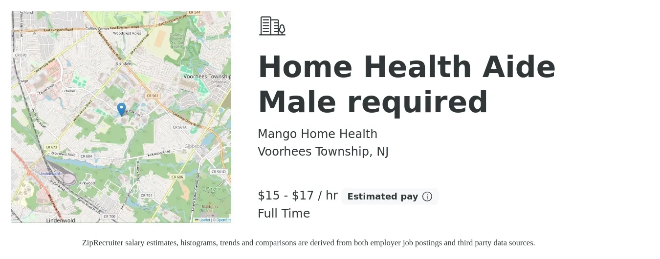 Mango Home Health job posting for a Home Health Aide Male required in Voorhees Township, NJ with a salary of $16 to $18 Hourly with a map of Voorhees Township location.