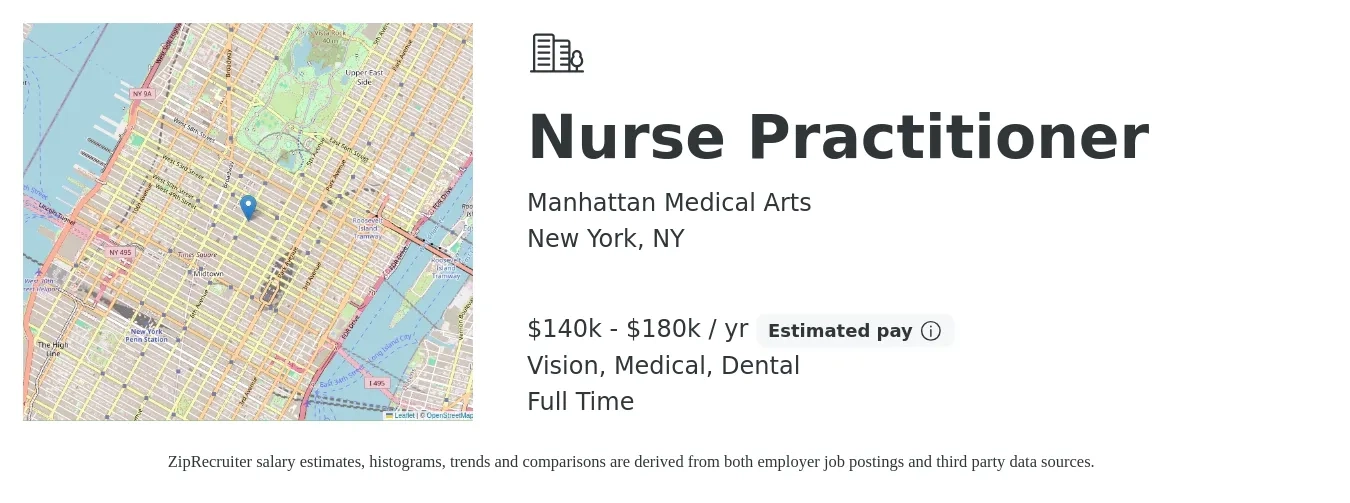 Manhattan Medical Arts job posting for a Nurse Practitioner in New York, NY with a salary of $140,000 to $180,000 Yearly (plus commission) and benefits including retirement, vision, dental, medical, and pto with a map of New York location.
