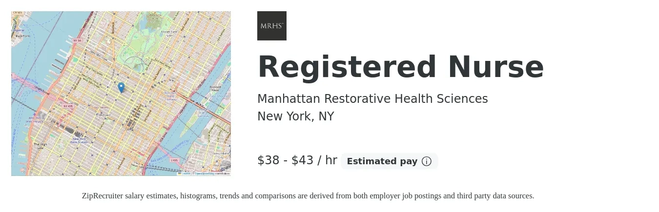 Manhattan Restorative Health Sciences job posting for a Registered Nurse in New York, NY with a salary of $40 to $45 Hourly with a map of New York location.