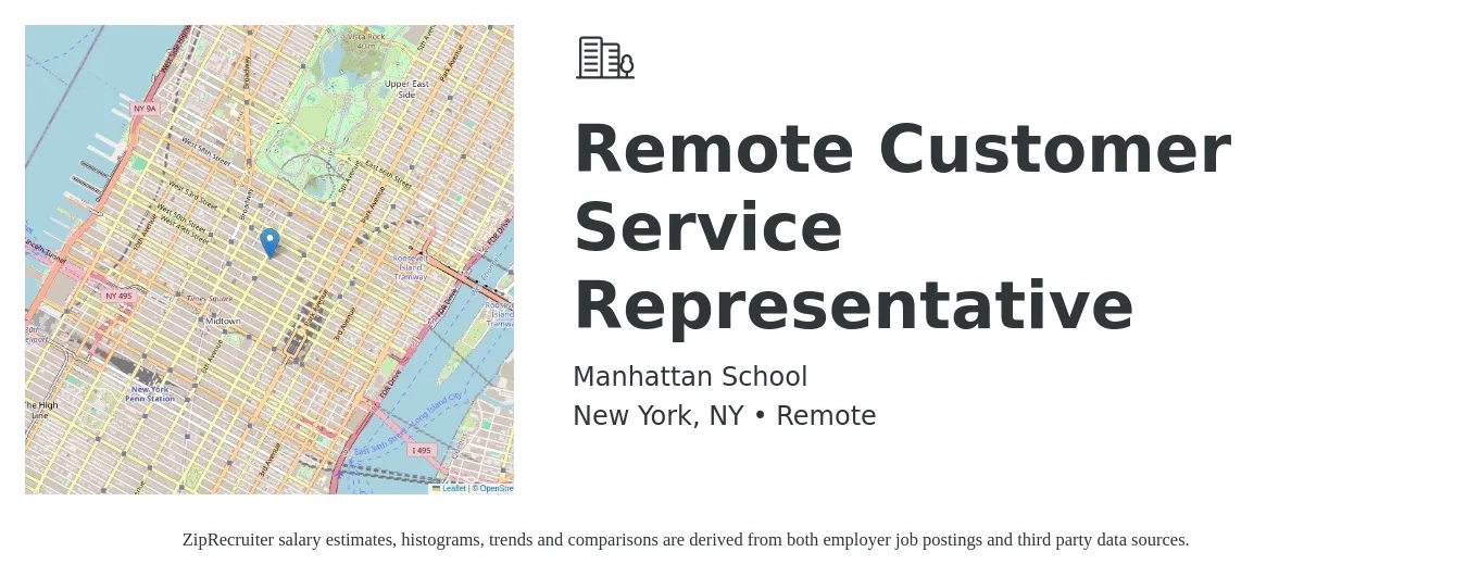 Manhattan School job posting for a Remote Customer Service Representative in New York, NY with a salary of $18 to $24 Hourly with a map of New York location.