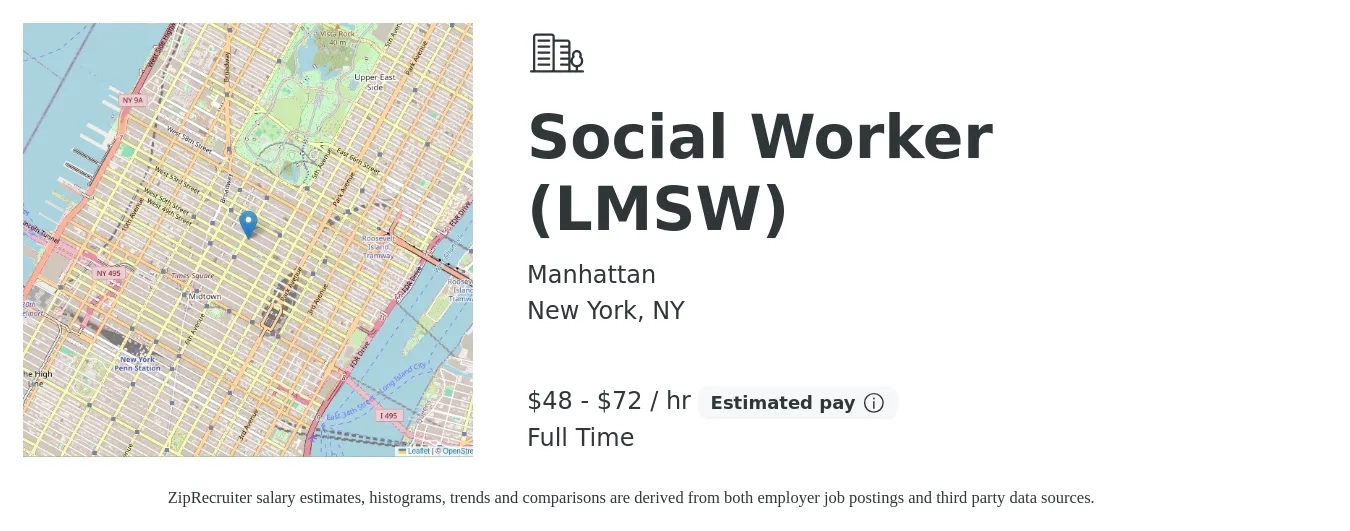 Manhattan job posting for a Social Worker (LMSW) in New York, NY with a salary of $50 to $75 Hourly with a map of New York location.