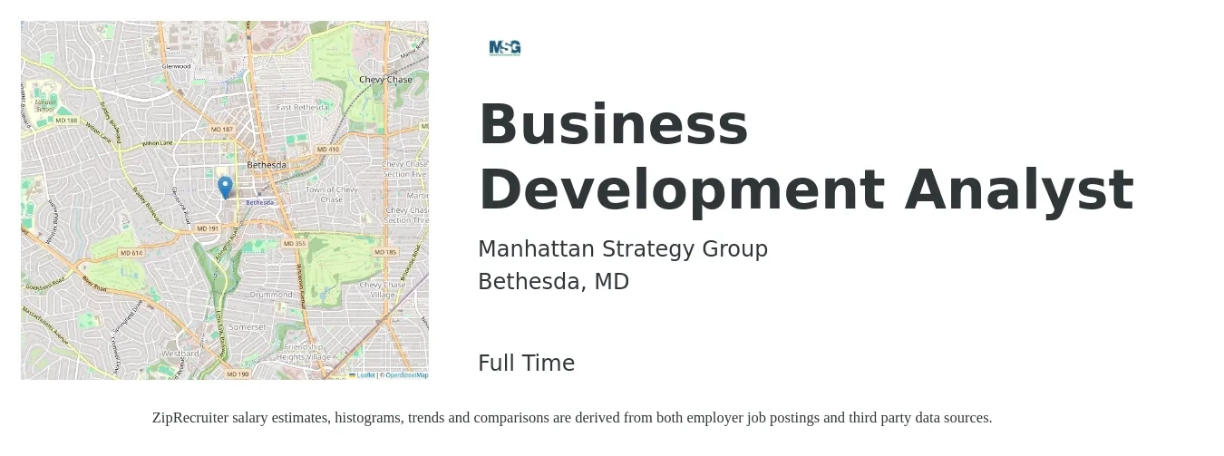 Manhattan Strategy Group job posting for a Business Development Analyst in Bethesda, MD with a salary of $69,400 to $106,200 Yearly with a map of Bethesda location.