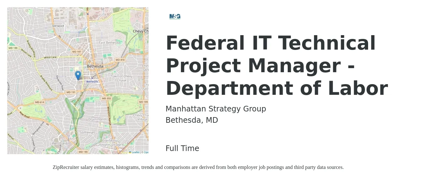 Manhattan Strategy Group job posting for a Federal IT Technical Project Manager - Department of Labor in Bethesda, MD with a salary of $105,100 to $124,300 Yearly with a map of Bethesda location.