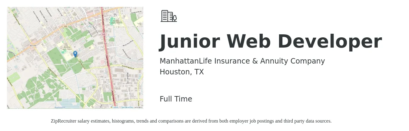 ManhattanLife Insurance & Annuity Company job posting for a Junior Web Developer in Houston, TX with a salary of $48,400 to $70,000 Yearly with a map of Houston location.