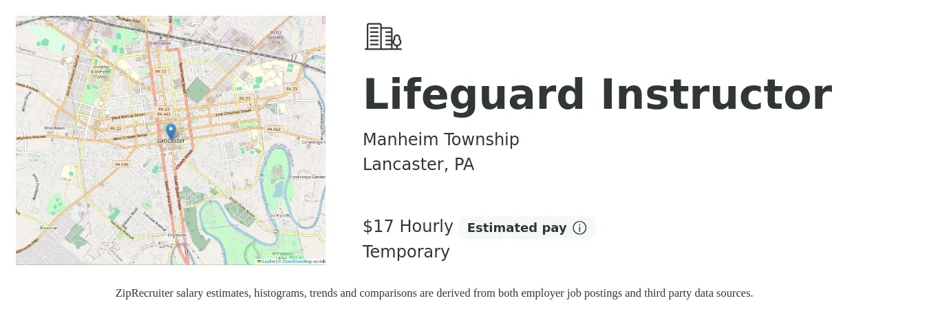Manheim Township job posting for a Lifeguard Instructor in Lancaster, PA with a salary of $18 Hourly with a map of Lancaster location.