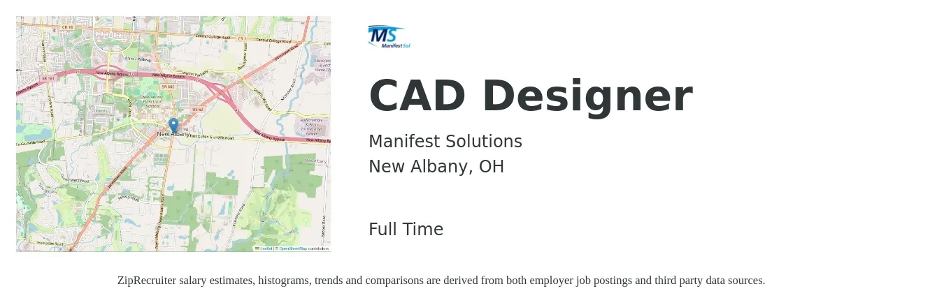 Manifest Solutions job posting for a CAD Designer in New Albany, OH with a salary of $26 to $36 Hourly with a map of New Albany location.
