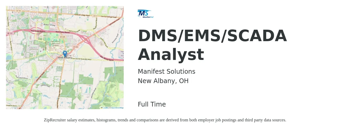 Manifest Solutions job posting for a DMS/EMS/SCADA Analyst in New Albany, OH with a salary of $61,000 to $96,600 Yearly with a map of New Albany location.