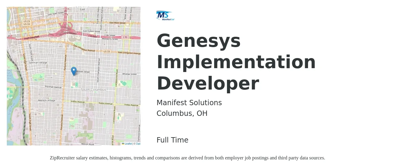 Manifest Solutions job posting for a Genesys Implementation Developer in Columbus, OH with a salary of $39 to $61 Hourly with a map of Columbus location.