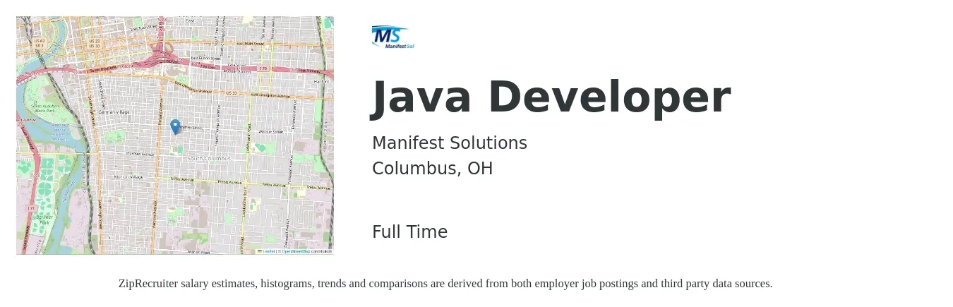 Manifest Solutions job posting for a Java Developer in Columbus, OH with a salary of $49 to $64 Hourly with a map of Columbus location.