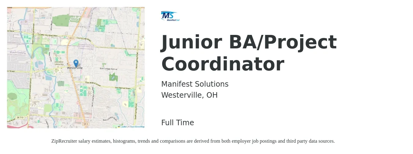 Manifest Solutions job posting for a Junior BA/Project Coordinator in Westerville, OH with a salary of $20 to $28 Hourly with a map of Westerville location.