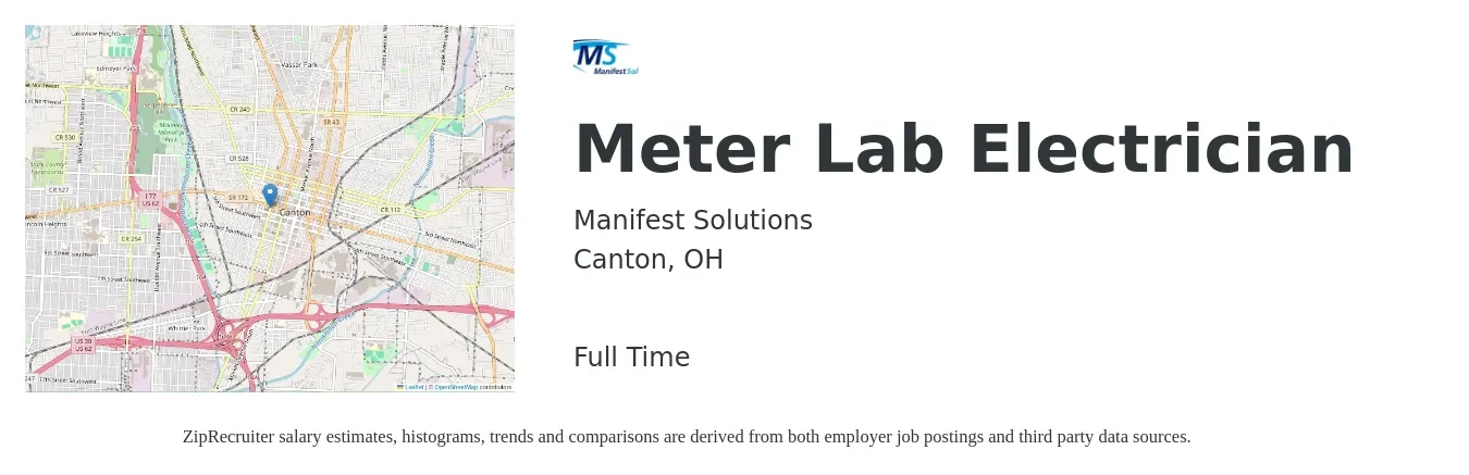 Manifest Solutions job posting for a Meter Lab Electrician in Canton, OH with a salary of $23 to $32 Hourly with a map of Canton location.
