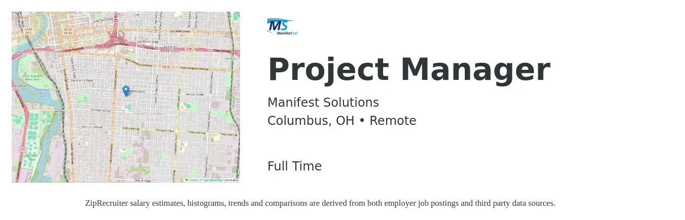 Manifest Solutions job posting for a Project Manager in Columbus, OH with a salary of $75,800 to $118,800 Yearly with a map of Columbus location.
