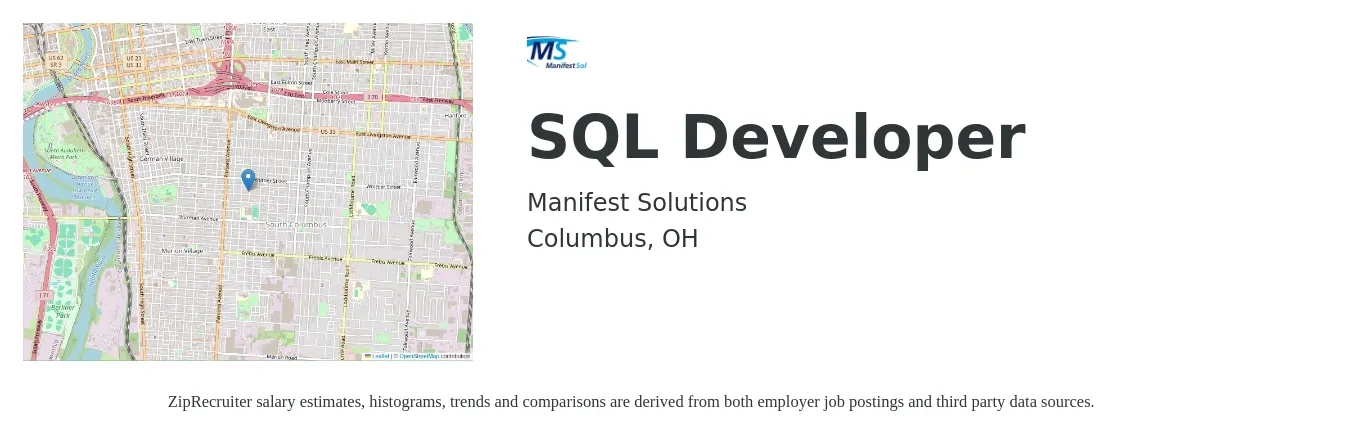Manifest Solutions job posting for a SQL Developer in Columbus, OH with a salary of $44 to $60 Hourly with a map of Columbus location.