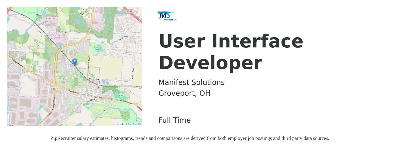 Manifest Solutions job posting for a User Interface Developer in Groveport, OH with a salary of $48 to $62 Hourly with a map of Groveport location.