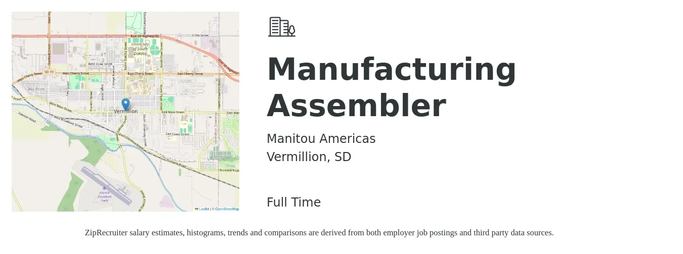 Manitou Americas job posting for a Manufacturing Assembler in Vermillion, SD with a salary of $16 to $20 Hourly with a map of Vermillion location.