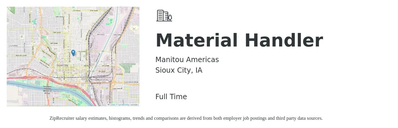 Manitou Americas job posting for a Material Handler in Sioux City, IA with a salary of $16 to $20 Hourly with a map of Sioux City location.