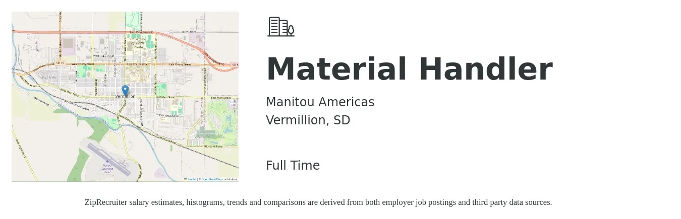 Manitou Americas job posting for a Material Handler in Vermillion, SD with a salary of $16 to $20 Hourly with a map of Vermillion location.