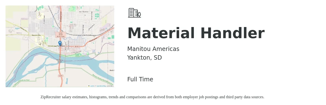 Manitou Americas job posting for a Material Handler in Yankton, SD with a salary of $16 to $19 Hourly with a map of Yankton location.