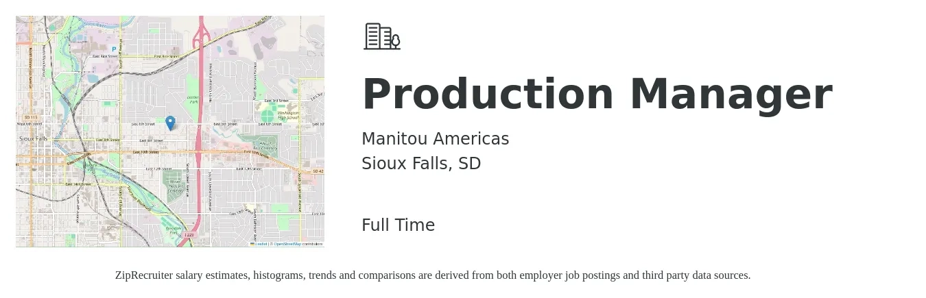 Manitou Americas job posting for a Production Manager in Sioux Falls, SD with a salary of $55,700 to $80,100 Yearly with a map of Sioux Falls location.