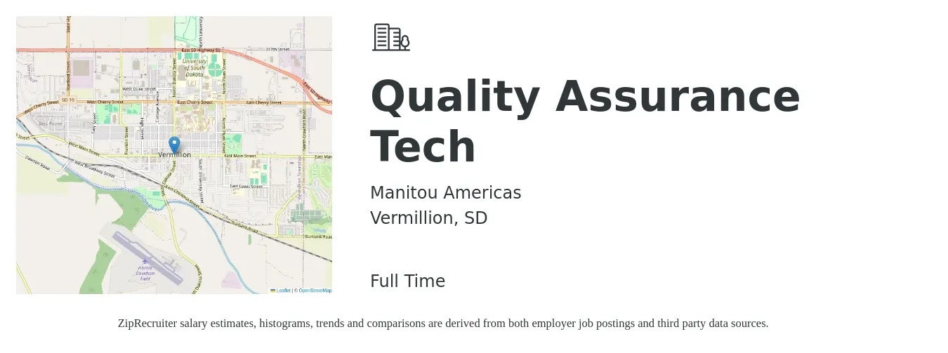 Manitou Americas job posting for a Quality Assurance Tech in Vermillion, SD with a salary of $18 to $24 Hourly with a map of Vermillion location.