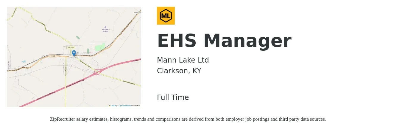 Mann Lake Ltd job posting for a EHS Manager in Clarkson, KY with a salary of $68,400 to $92,700 Yearly with a map of Clarkson location.