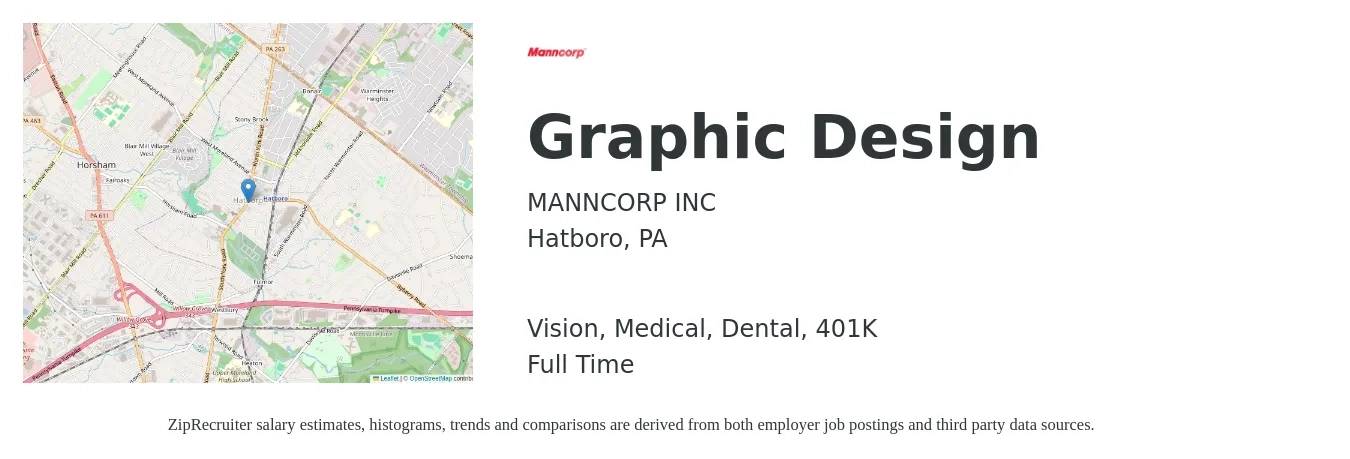MANNCORP INC job posting for a Graphic Design in Hatboro, PA with a salary of $20 to $32 Hourly and benefits including life_insurance, medical, vision, 401k, and dental with a map of Hatboro location.