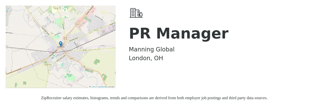 Manning Global job posting for a PR Manager in London, OH with a salary of $61,600 to $92,400 Yearly with a map of London location.