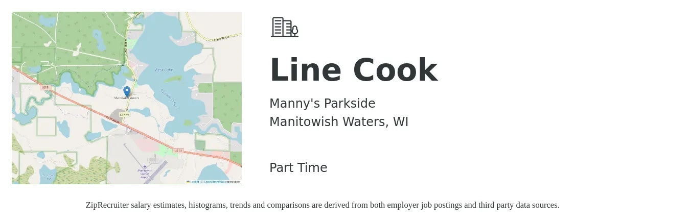 Manny's Parkside job posting for a Line Cook in Manitowish Waters, WI with a salary of $15 to $18 Hourly with a map of Manitowish Waters location.