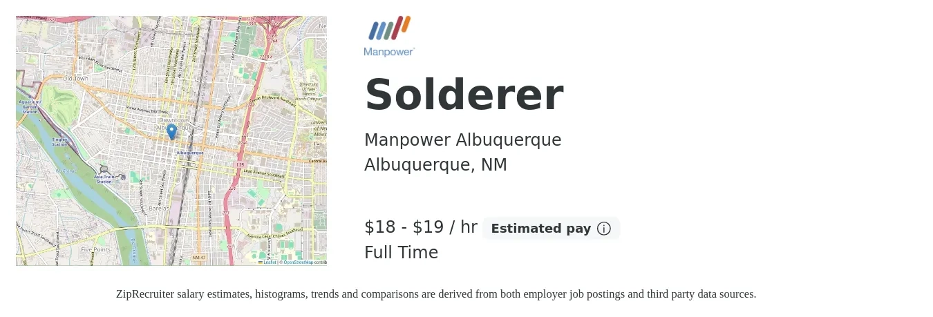 Manpower Albuquerque job posting for a Solderer in Albuquerque, NM with a salary of $19 to $20 Hourly with a map of Albuquerque location.