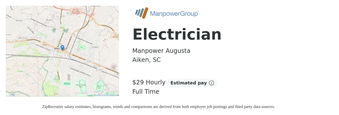 Manpower Augusta job posting for a Electrician in Aiken, SC with a salary of $31 Hourly with a map of Aiken location.