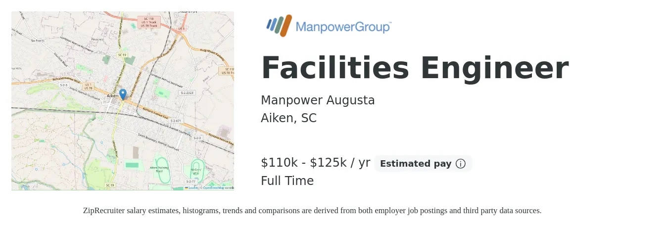 Manpower Augusta job posting for a Facilities Engineer in Aiken, SC with a salary of $110,000 to $125,000 Yearly with a map of Aiken location.
