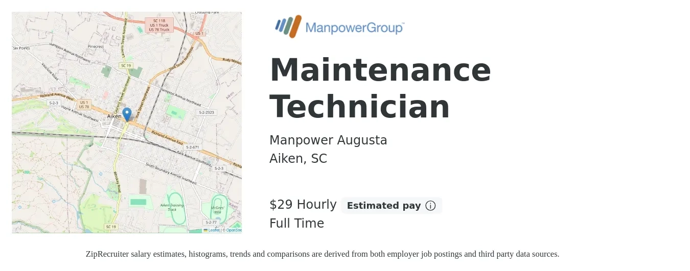 Manpower Augusta job posting for a Maintenance Technician in Aiken, SC with a salary of $20 to $30 Hourly with a map of Aiken location.