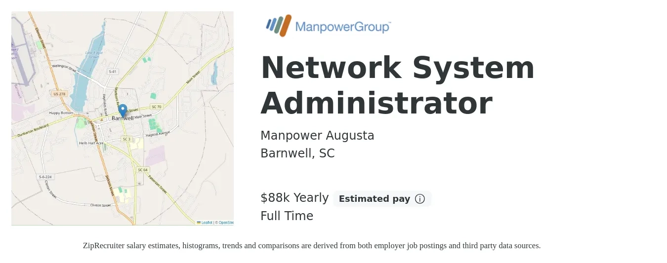 Manpower Augusta job posting for a Network System Administrator in Barnwell, SC with a salary of $88,000 Yearly with a map of Barnwell location.