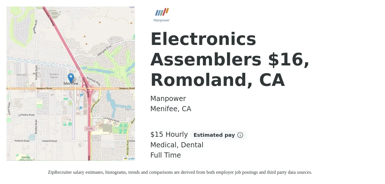 Manpower job posting for a Electronics Assemblers $16, Romoland, CA in Menifee, CA with a salary of $16 Hourly and benefits including dental, and medical with a map of Menifee location.