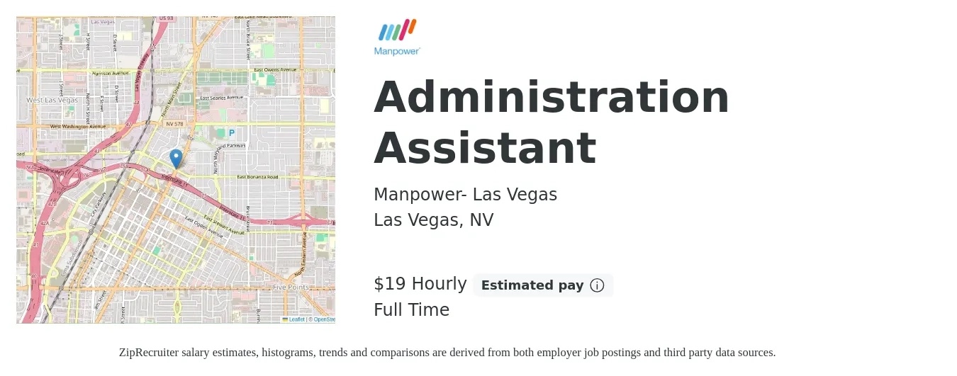 Manpower- Las Vegas job posting for a Administration Assistant in Las Vegas, NV with a salary of $20 Hourly with a map of Las Vegas location.