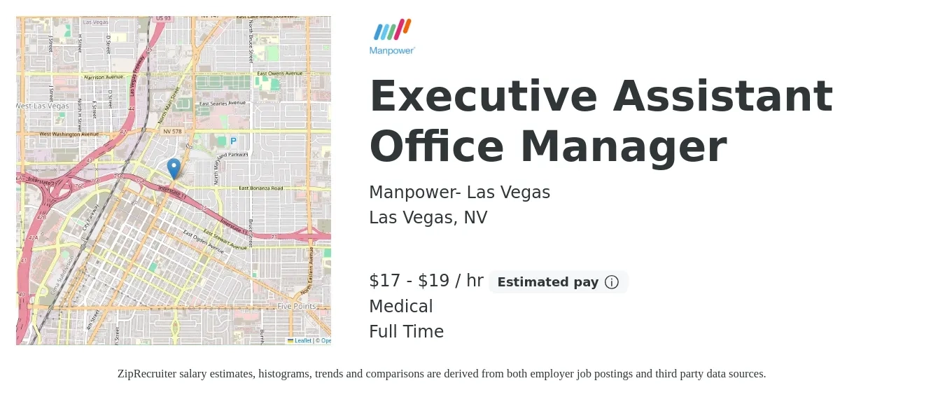 Manpower- Las Vegas job posting for a Executive Assistant Office Manager in Las Vegas, NV with a salary of $18 to $20 Hourly and benefits including medical, and retirement with a map of Las Vegas location.