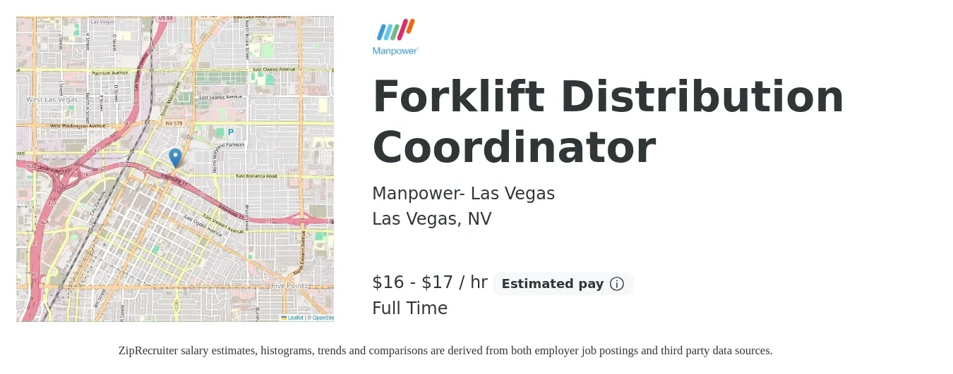 Manpower- Las Vegas job posting for a Forklift Distribution Coordinator in Las Vegas, NV with a salary of $17 to $18 Hourly with a map of Las Vegas location.
