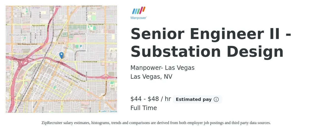 Manpower- Las Vegas job posting for a Senior Engineer II - Substation Design in Las Vegas, NV with a salary of $46 to $50 Hourly with a map of Las Vegas location.