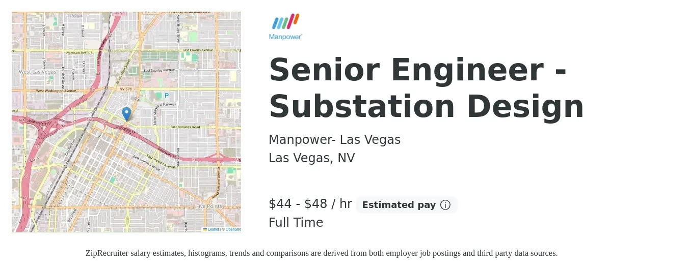 Manpower- Las Vegas job posting for a Senior Engineer - Substation Design in Las Vegas, NV with a salary of $46 to $50 Hourly with a map of Las Vegas location.