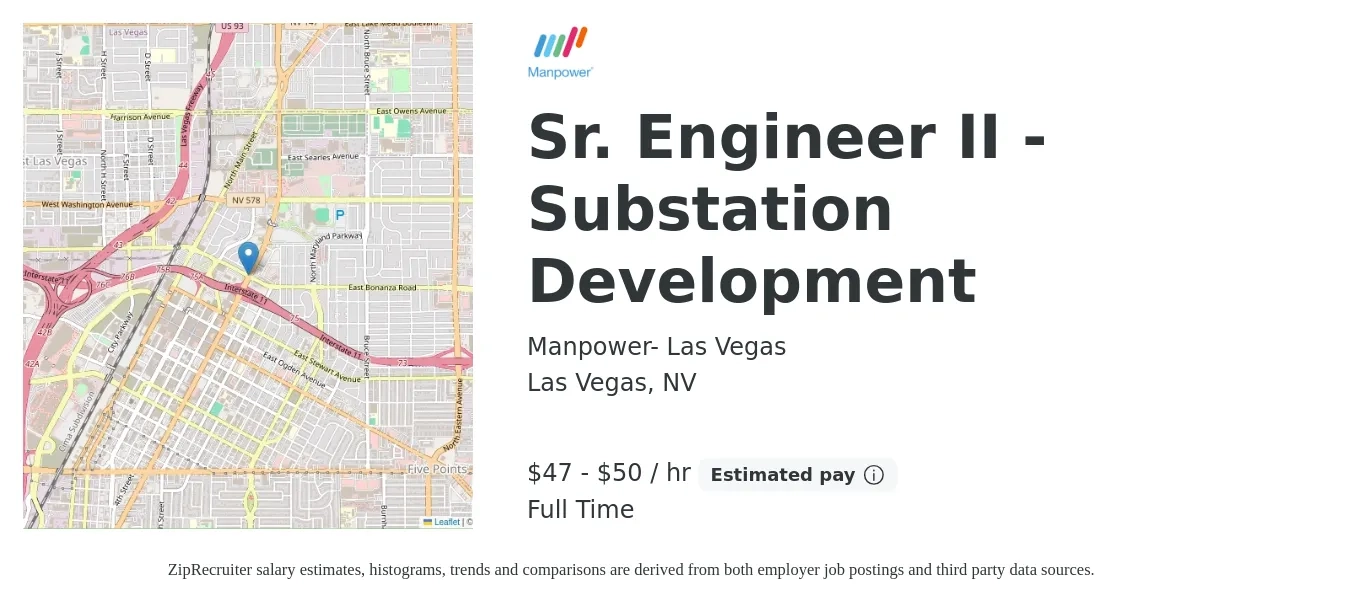 Manpower- Las Vegas job posting for a Sr. Engineer II - Substation Development in Las Vegas, NV with a salary of $49 to $53 Hourly with a map of Las Vegas location.