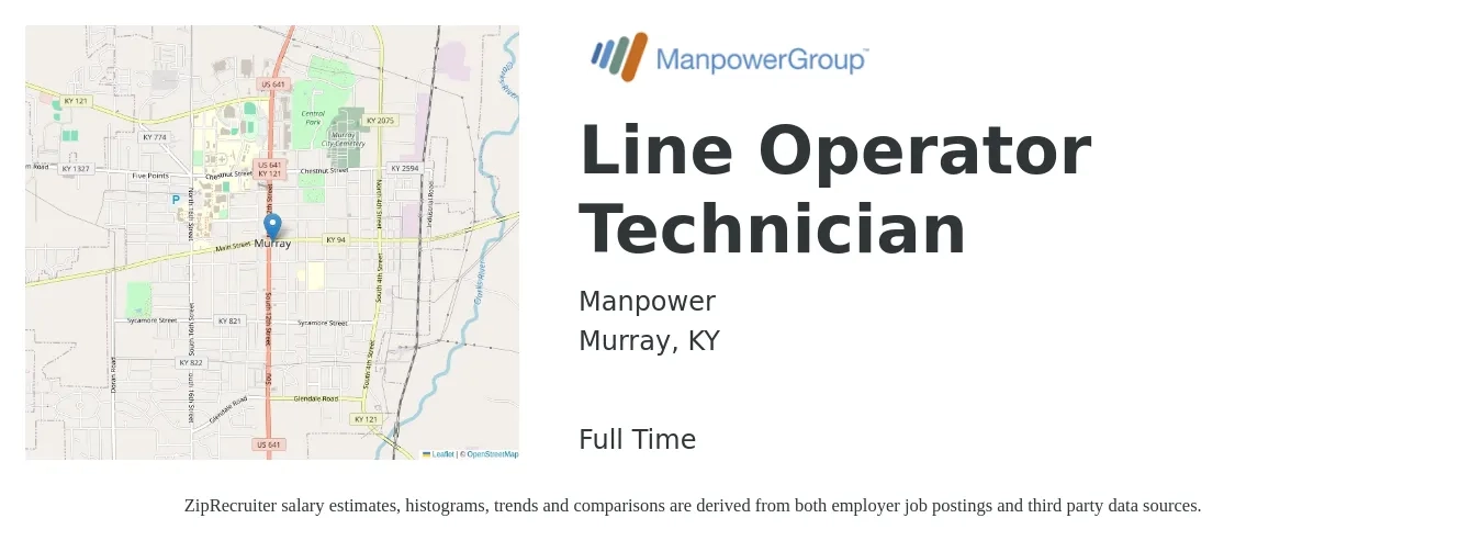 Manpower job posting for a Line Operator Technician in Murray, KY with a salary of $15 to $19 Hourly with a map of Murray location.