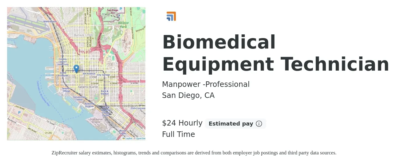 Manpower -Professional job posting for a Biomedical Equipment Technician in San Diego, CA with a salary of $25 Hourly with a map of San Diego location.