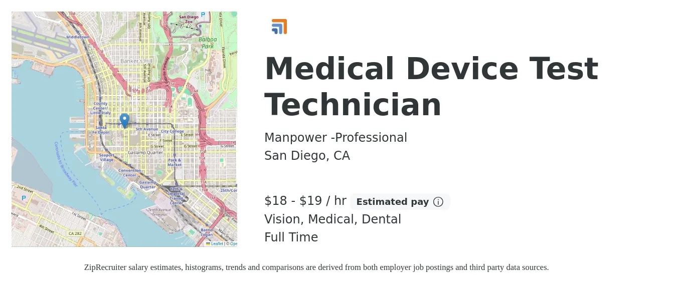 Manpower -Professional job posting for a Medical Device Test Technician in San Diego, CA with a salary of $20 to $20 Hourly and benefits including medical, retirement, vision, and dental with a map of San Diego location.