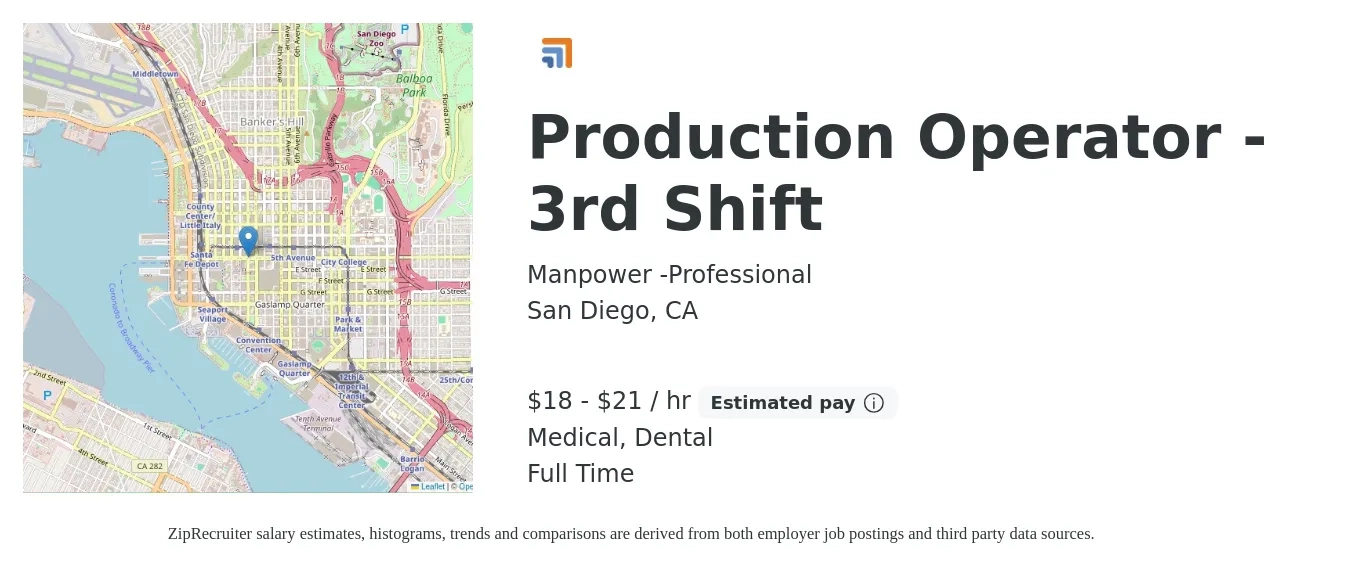 Manpower -Professional job posting for a Production Operator - 3rd Shift in San Diego, CA with a salary of $19 to $22 Hourly and benefits including retirement, dental, and medical with a map of San Diego location.
