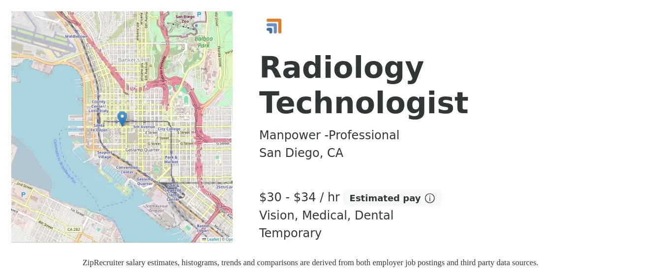 Manpower -Professional job posting for a Radiology Technologist in San Diego, CA with a salary of $31 to $36 Hourly and benefits including vision, dental, medical, and retirement with a map of San Diego location.