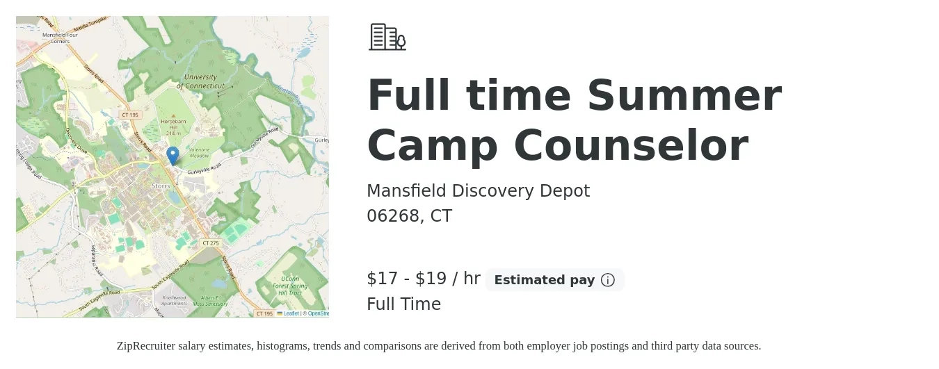 Mansfield Discovery Depot job posting for a Full time Summer Camp Counselor in 06268, CT with a salary of $18 to $20 Hourly with a map of 06268 location.
