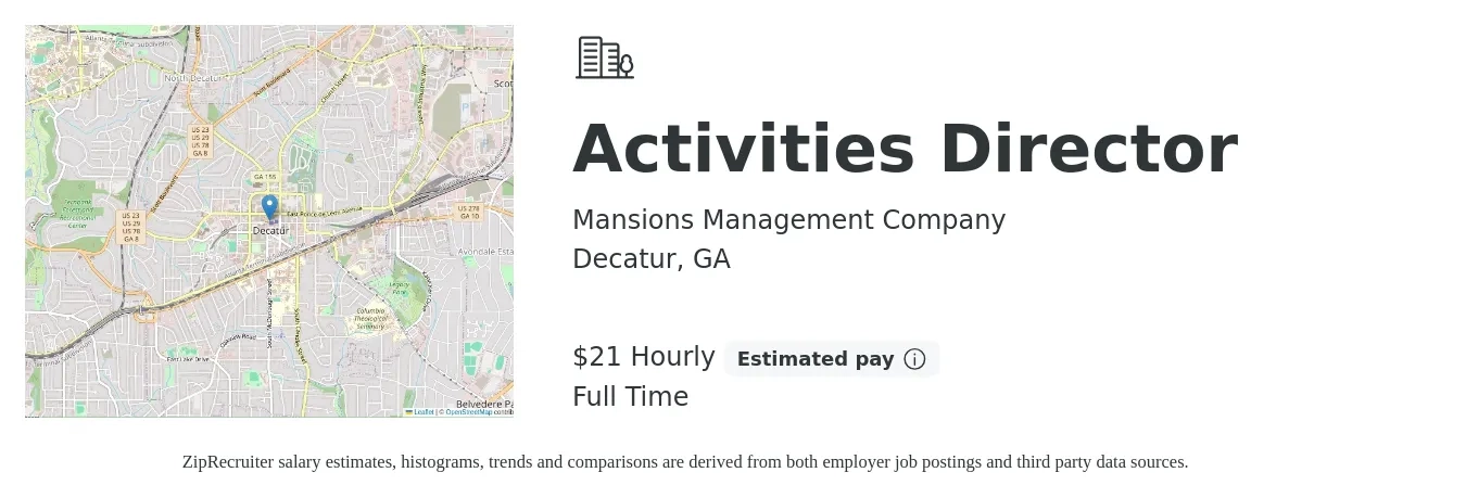 Mansions Management Company job posting for a Activities Director in Decatur, GA with a salary of $22 Hourly with a map of Decatur location.