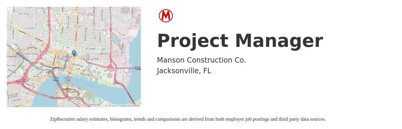 Manson Construction Co. job posting for a Project Manager in Jacksonville, FL with a salary of $72,700 to $114,000 Yearly with a map of Jacksonville location.