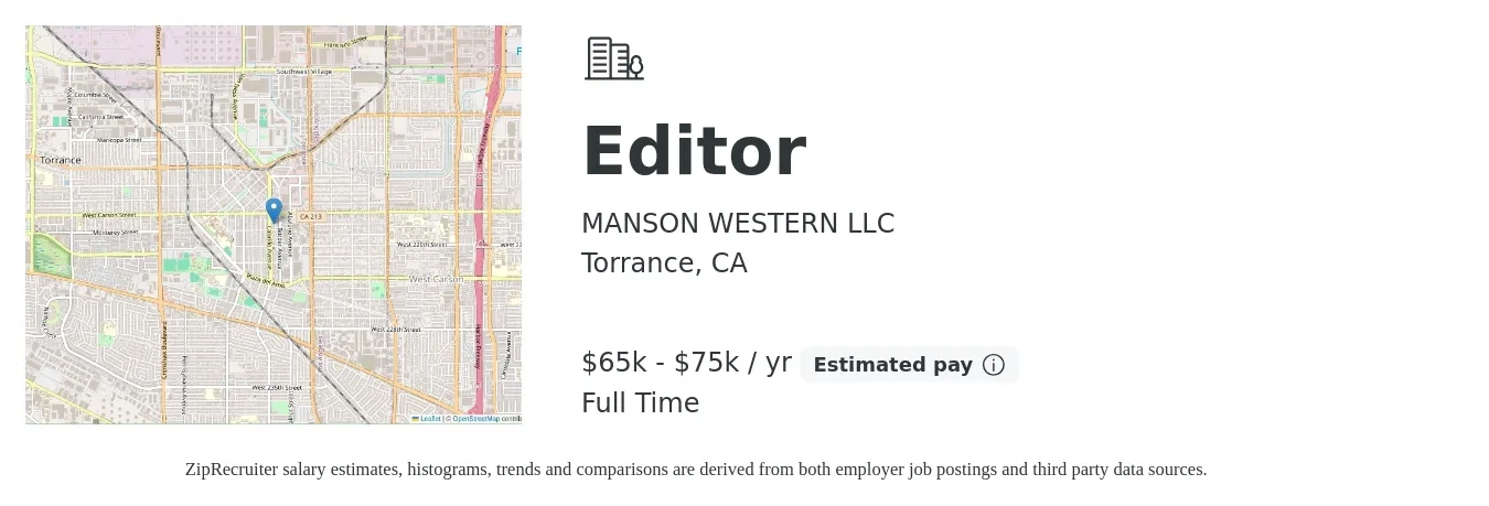 MANSON WESTERN LLC job posting for a Editor in Torrance, CA with a salary of $65,000 to $75,000 Yearly with a map of Torrance location.