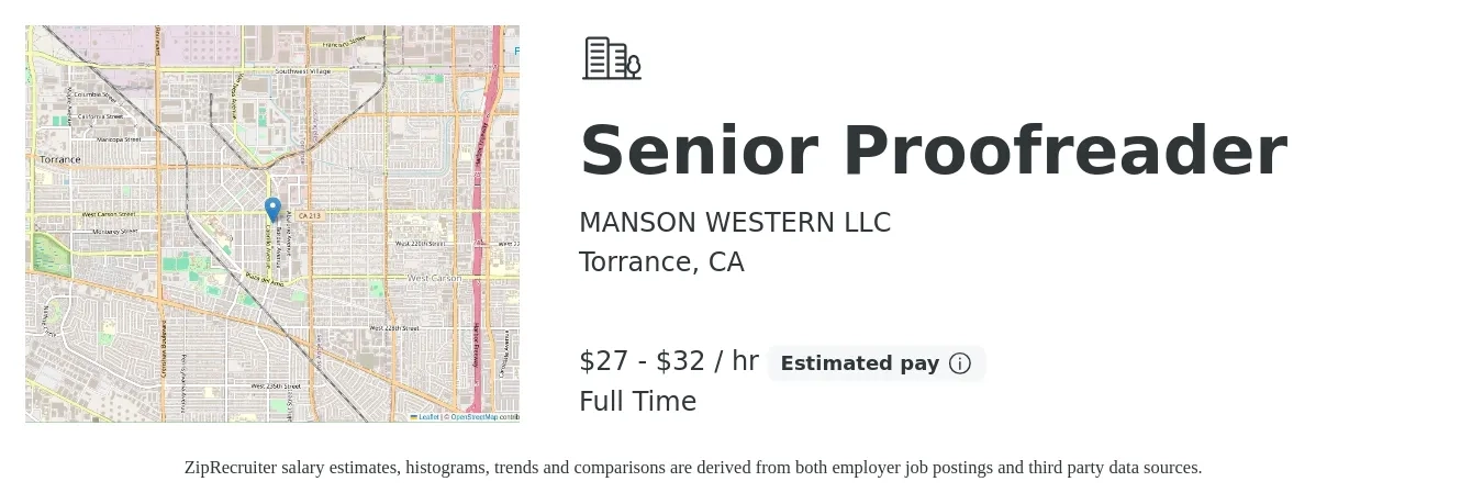 MANSON WESTERN LLC job posting for a Senior Proofreader in Torrance, CA with a salary of $29 to $34 Hourly with a map of Torrance location.
